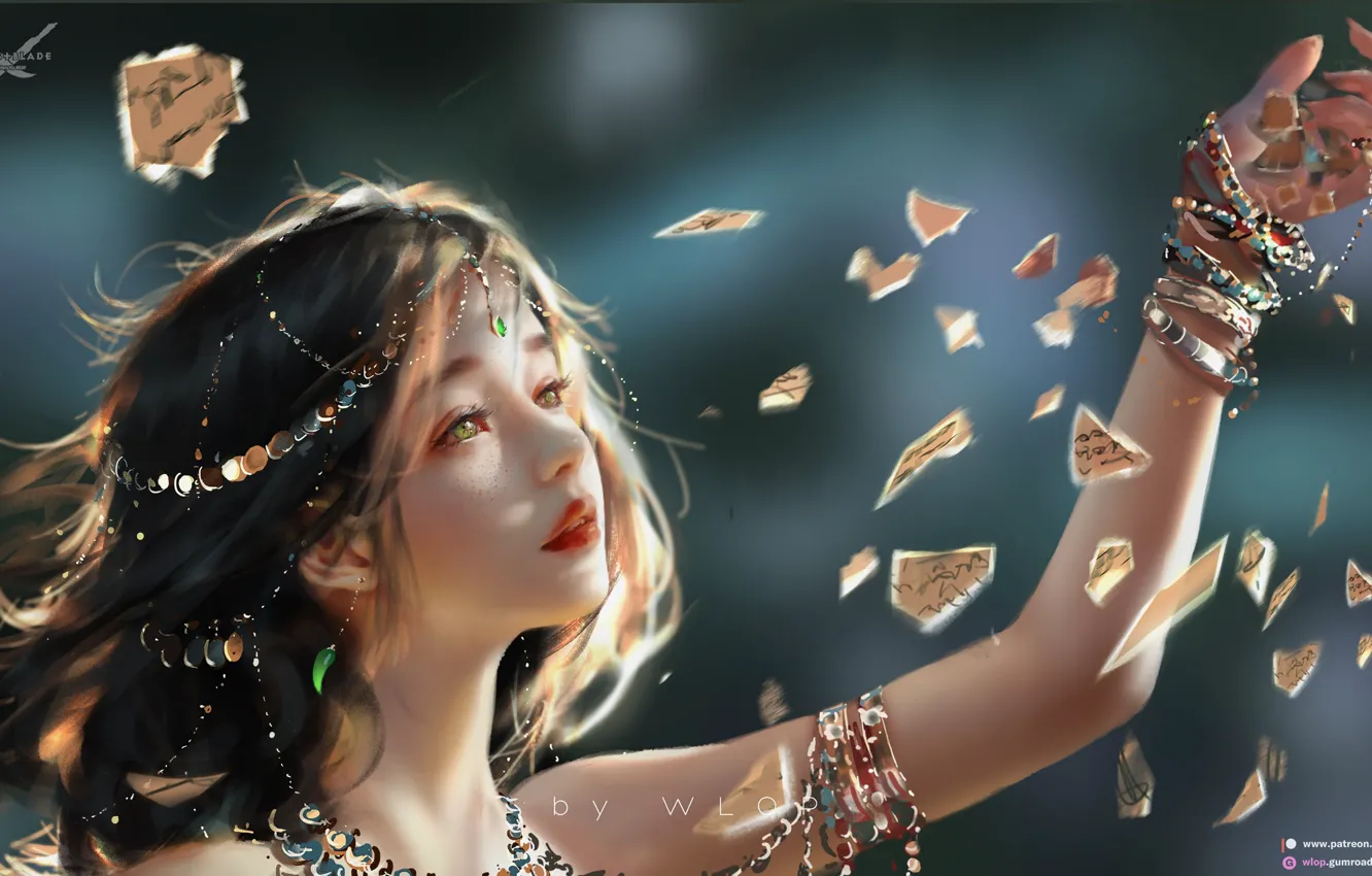 Photo wallpaper green eyes, women, brunette, digital art, fantasy art, fantasy girl, Ghost blade, Wlop