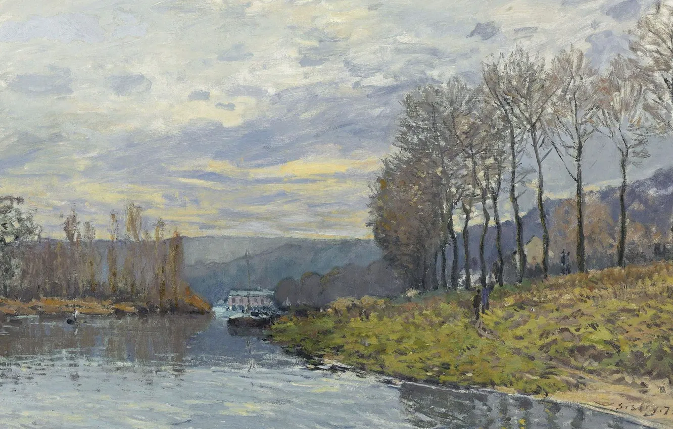 Photo wallpaper landscape, river, picture, Alfred Sisley, Alfred Sisley, The Seine at Bougival
