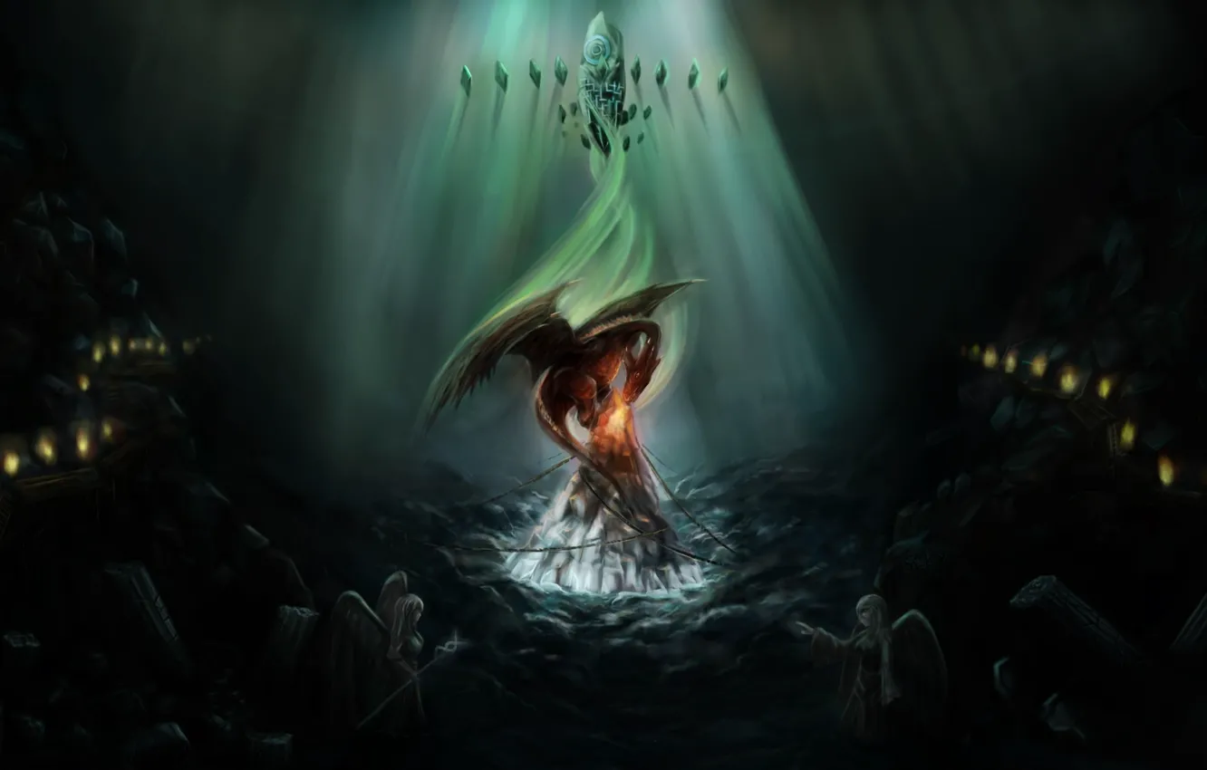 Photo wallpaper stones, dragon, angel, art, cave, nopnop