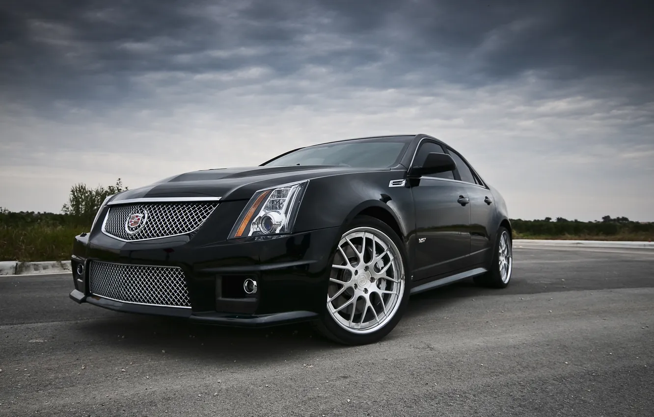 Photo wallpaper the sky, asphalt, clouds, clouds, black, Cadillac, CTS, black