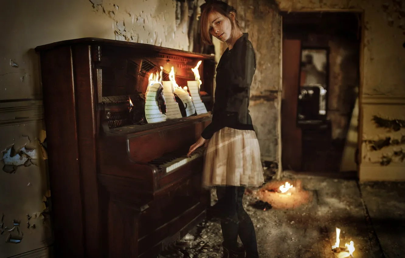 Photo wallpaper girl, notes, piano