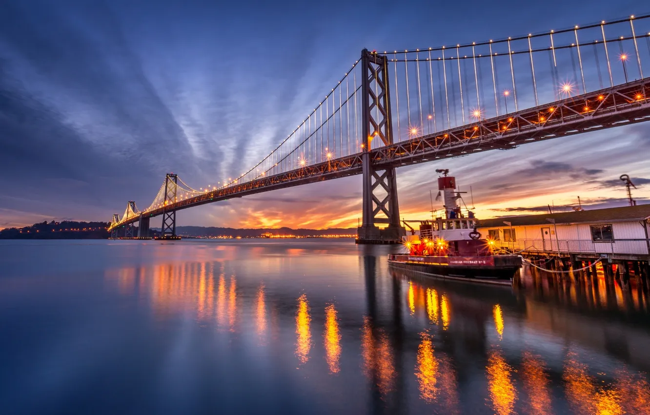 Photo wallpaper bridge, the city, river, tug, the evening, twilight