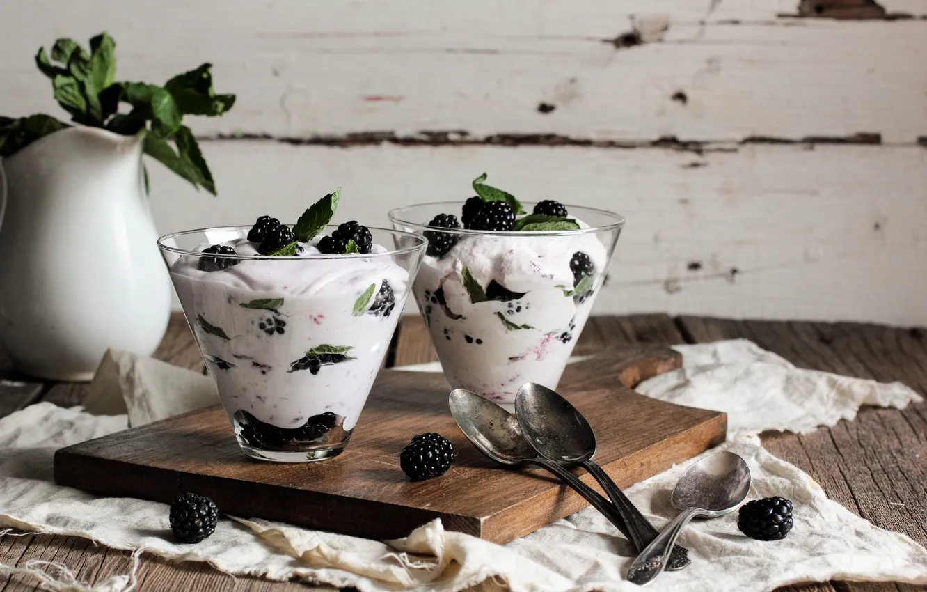 Photo wallpaper berries, spoon, dessert, BlackBerry