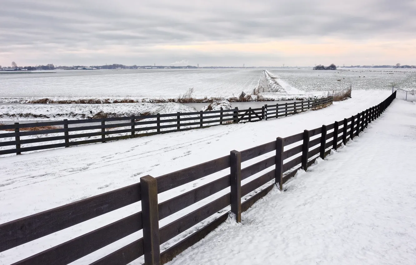 Photo wallpaper winter, road, the fence