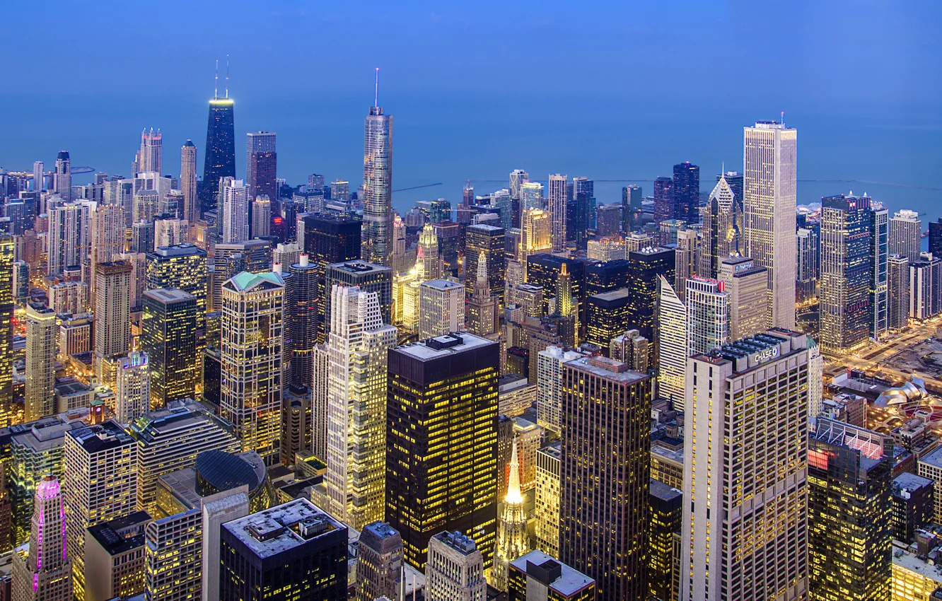 Photo wallpaper the city, lights, building, home, skyscrapers, the evening, lighting, Chicago