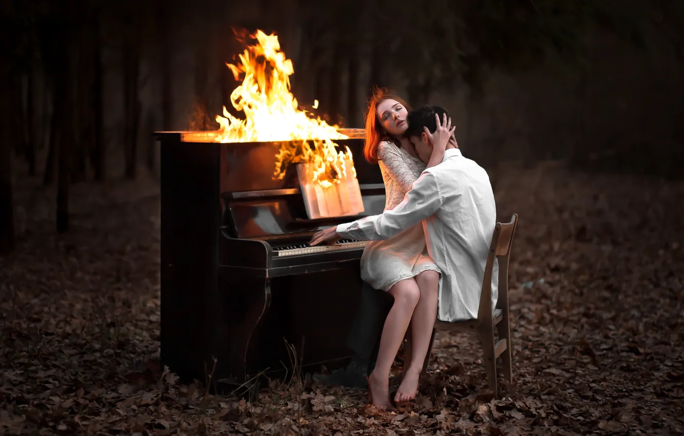 Photo wallpaper forest, girl, mood, fire, foliage, the situation, guy, piano