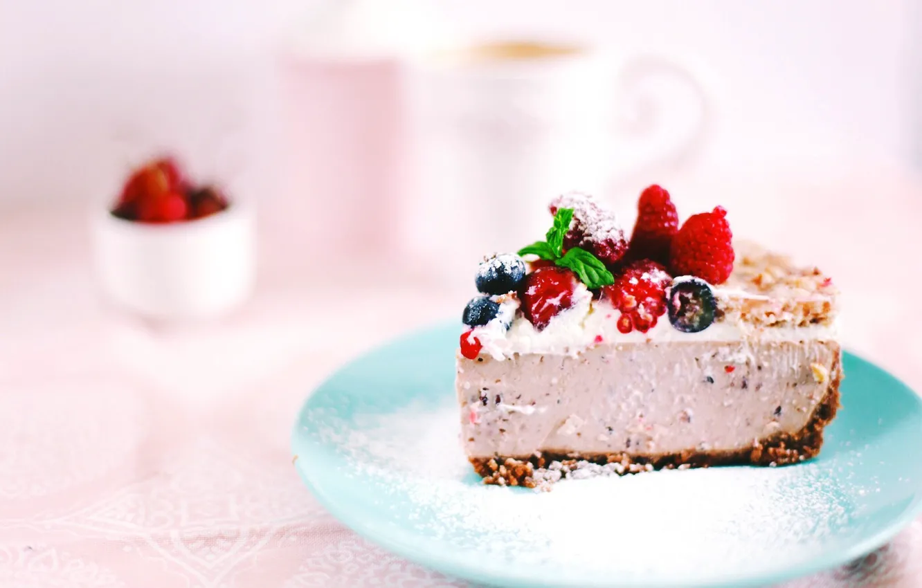 Photo wallpaper berries, cream, dessert, sweet, powdered sugar, a piece of cake