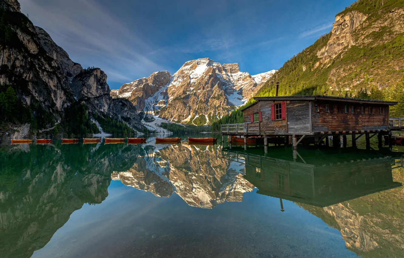 Photo wallpaper mountains, lake, boat, Alps, house