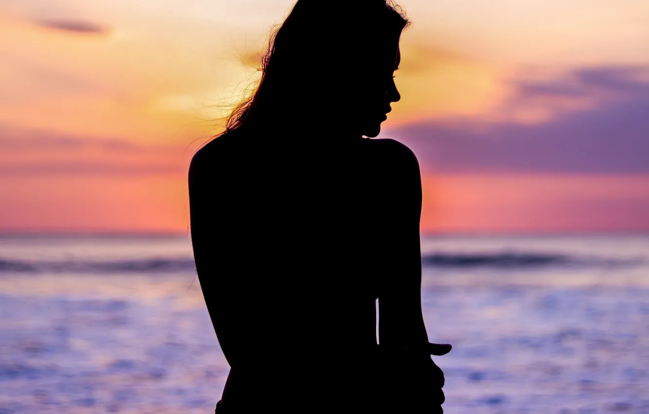 Photo wallpaper sea, girl, sunset, silhouette, Jernej Play