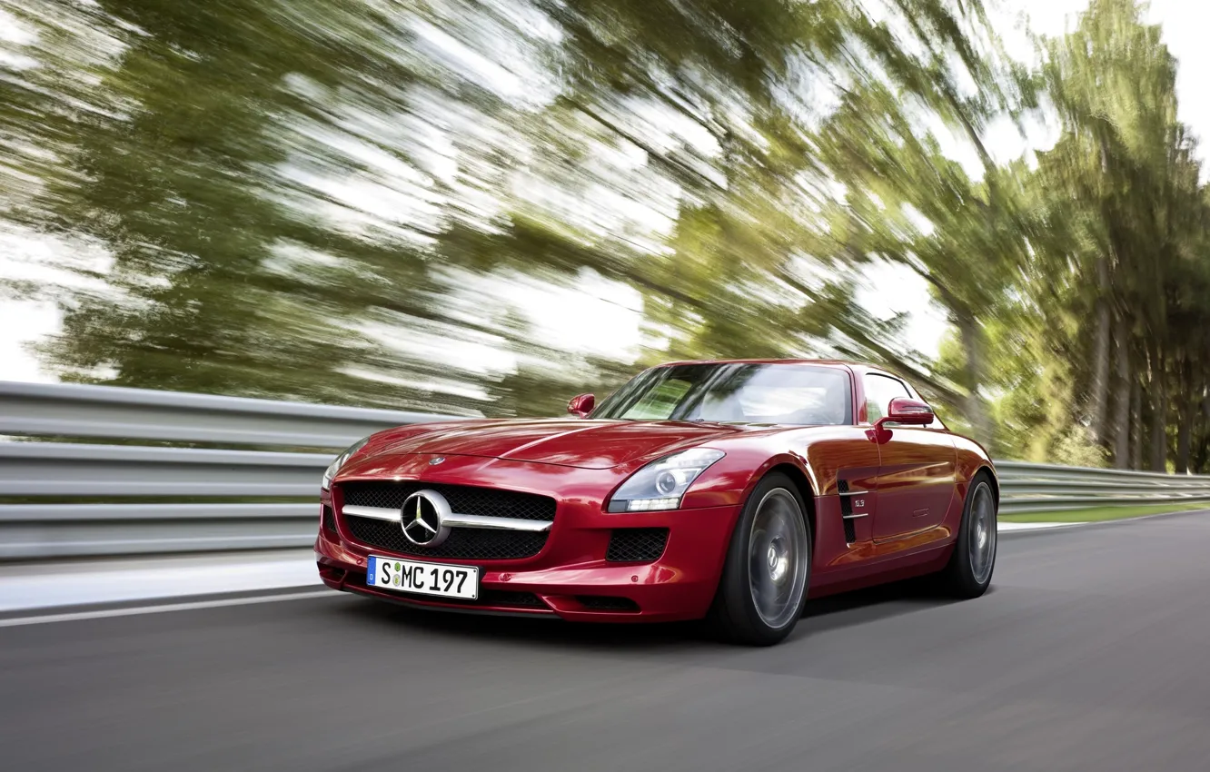 Photo wallpaper road, trees, speed, Mercedes, Benz, AMG, SLS