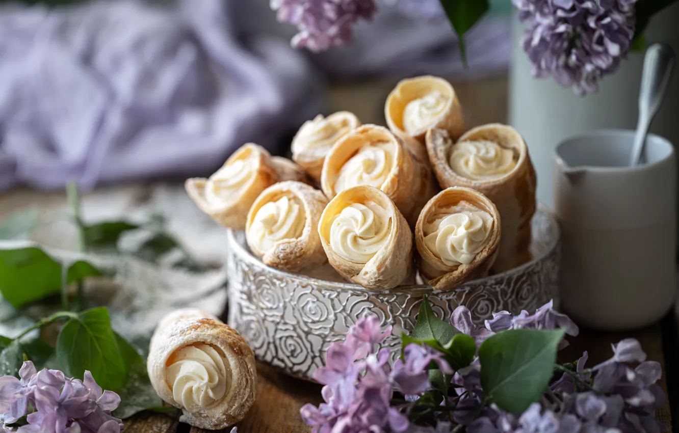 Photo wallpaper still life, cream, lilac, tube, Karina Klachuk