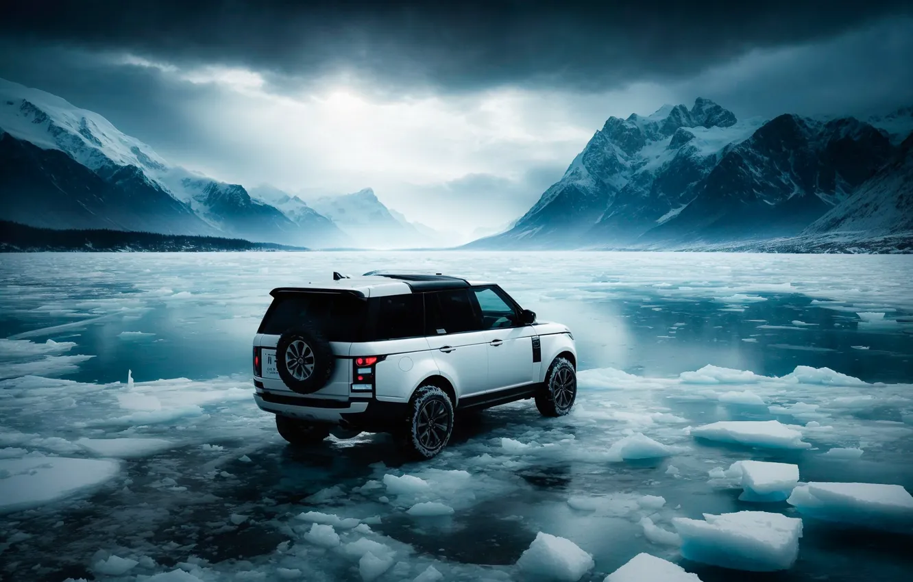 Photo wallpaper ice, machine, auto, mountains, lake, jeep, Range Rover, neural network