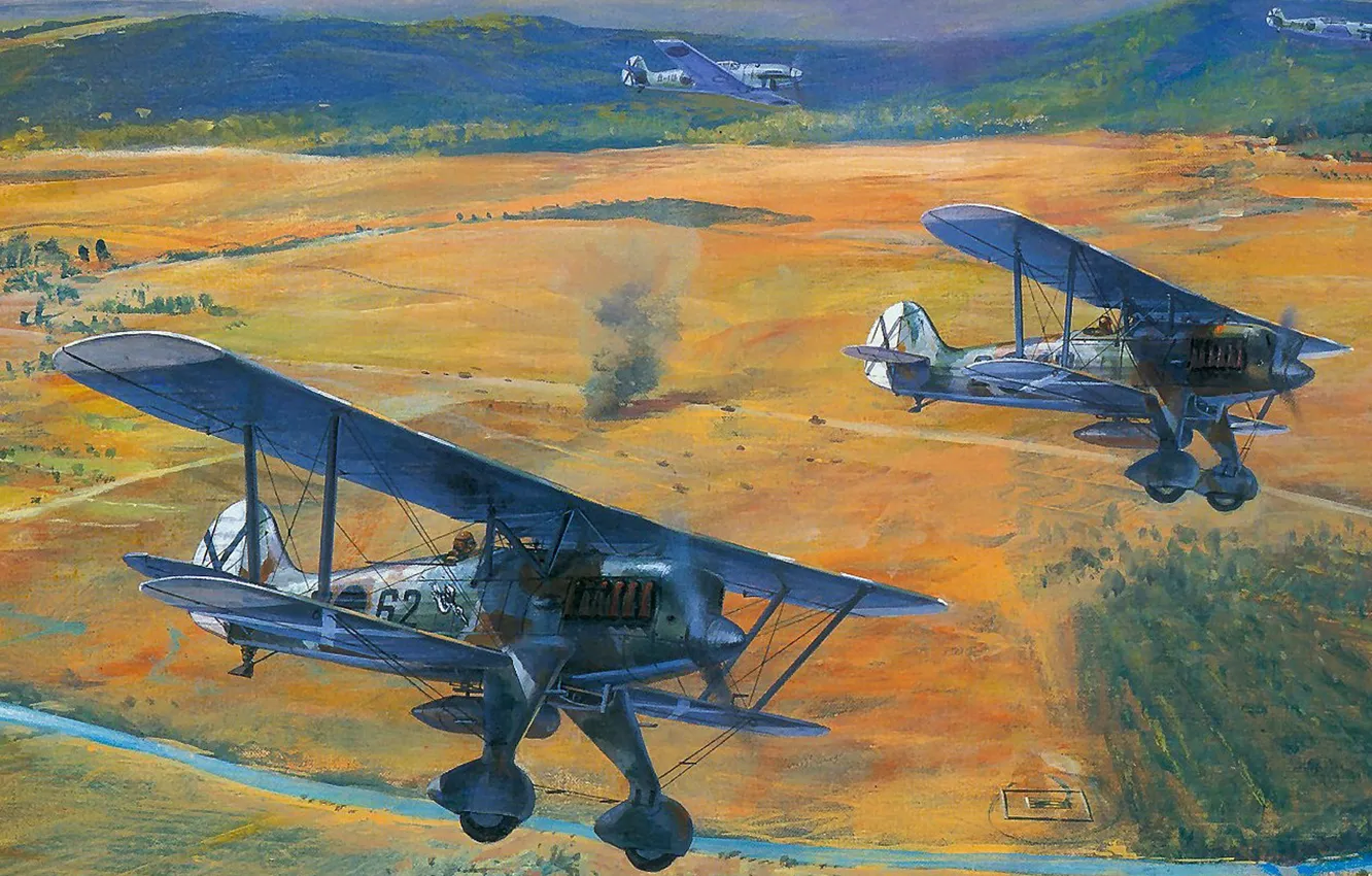 Photo wallpaper figure, art, roy cross, bf-109, Heinkel, He 51
