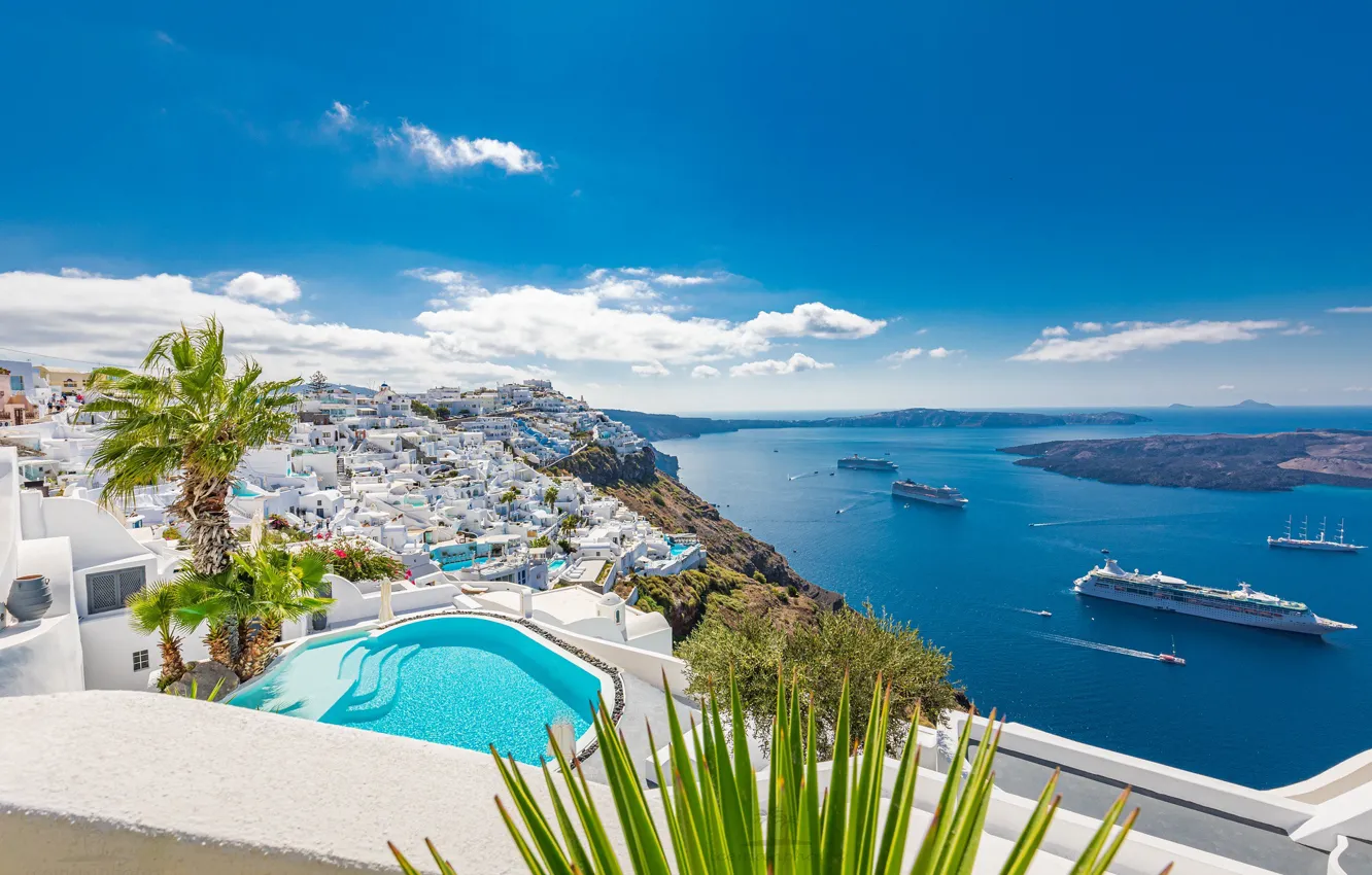 Photo wallpaper sea, home, pool, yacht, Santorini, Greece, liner