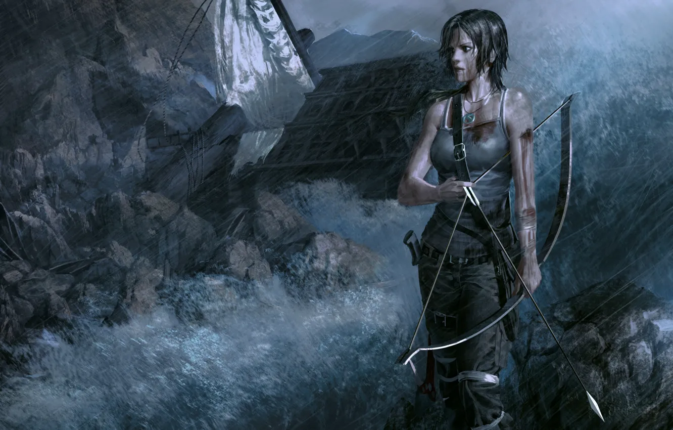 Photo wallpaper girl, rain, bow, art, arrows, Lara Croft, Tomb Raider Reborn