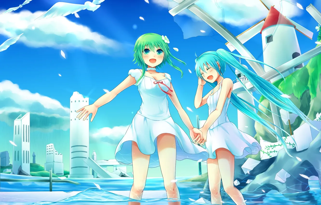 Photo wallpaper water, girl, joy, bird, anime, art, vocaloid, hatsune miku