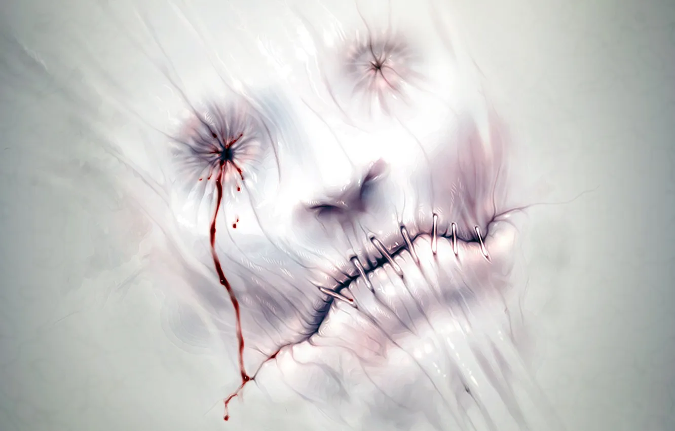 Photo wallpaper BACKGROUND, WHITE, BLOOD, FACE, MOUTH, ORBIT, STAPLES, CLIP