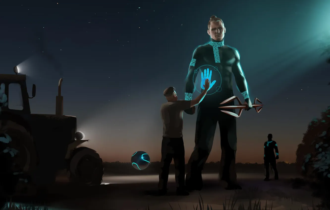 Photo wallpaper field, meeting, UFO, tractor, grandfather, Russia, aliens