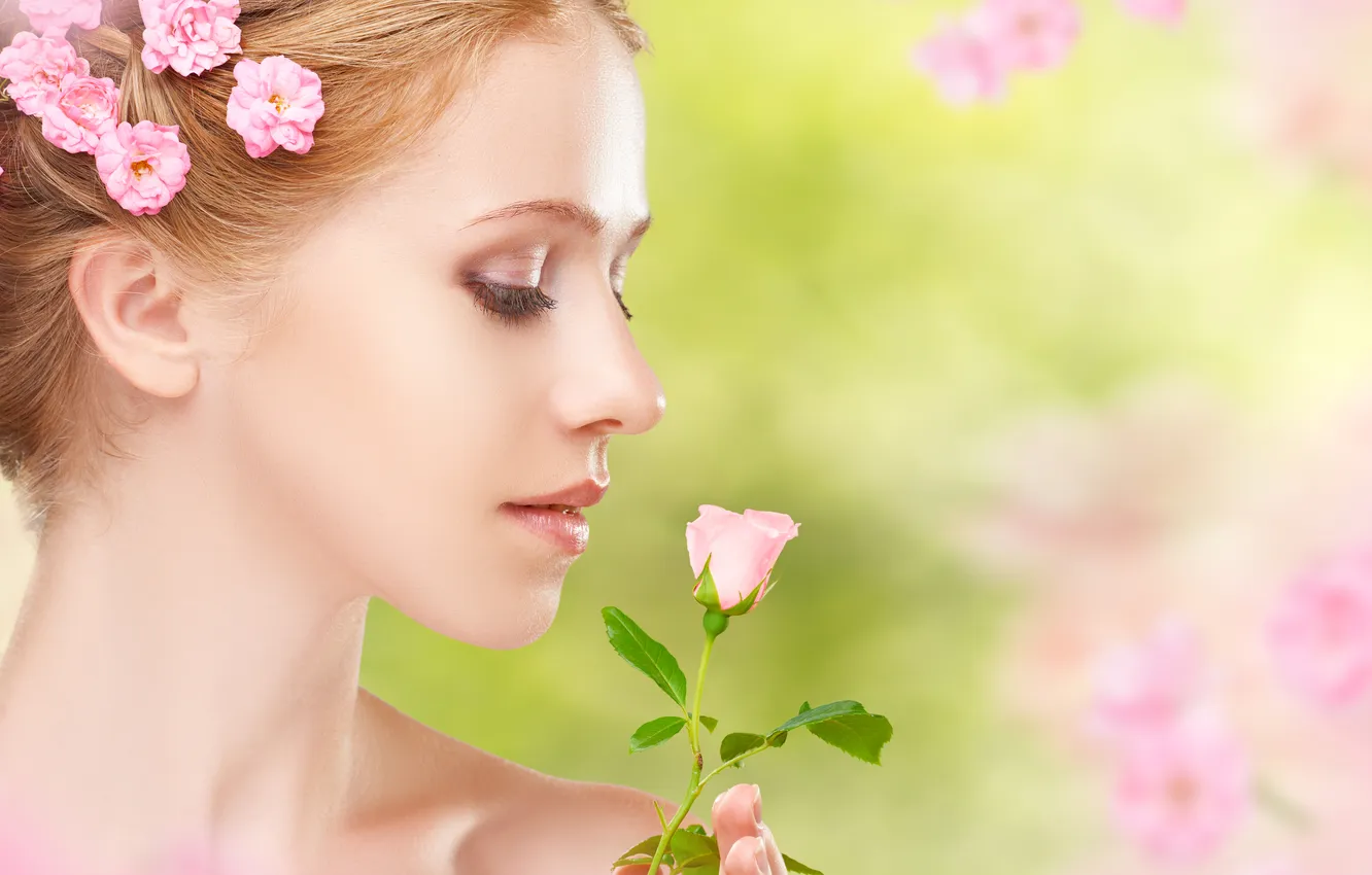 Photo wallpaper summer, girl, flowers, face, rose, makeup, hairstyle, profile
