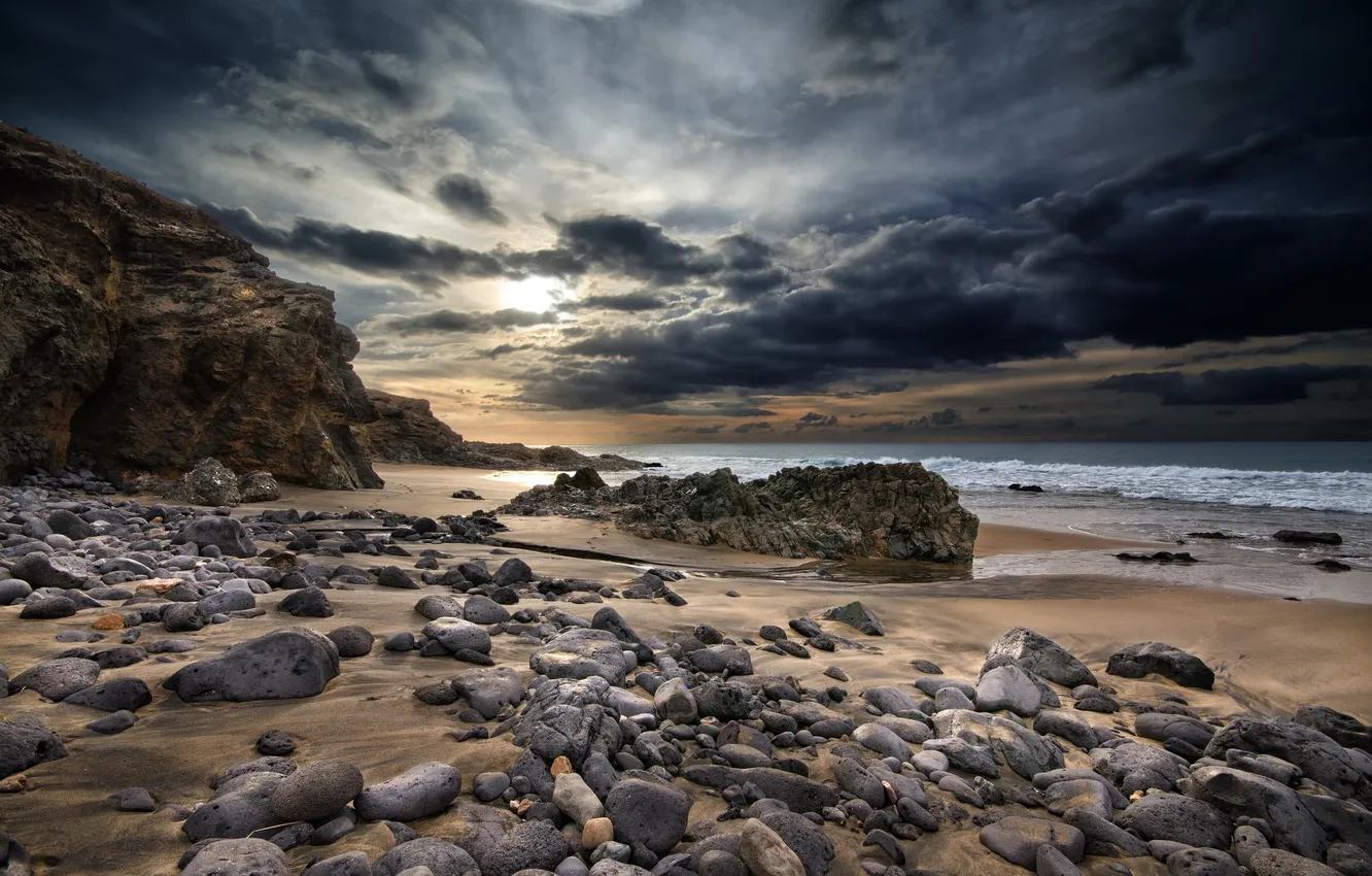 Photo wallpaper beach, clouds, the ocean, rocks