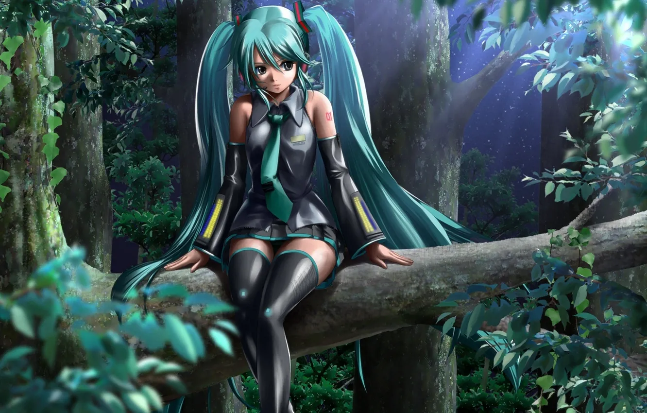 Photo wallpaper forest, girl, trees, branches, vocaloid, hatsune miku, sitting