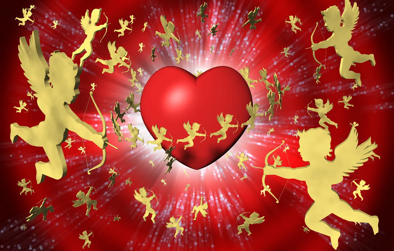 Photo wallpaper heart, wings, angel, arrows, Valentine's day, red background, Luke, 3D Graphics