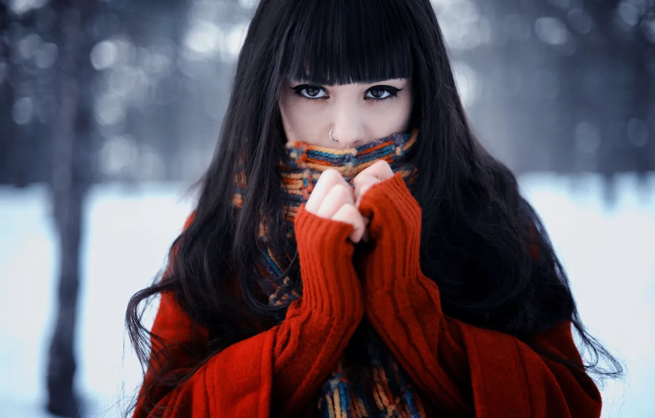 Photo wallpaper winter, look, face, Girl, scarf, brunette, sweater