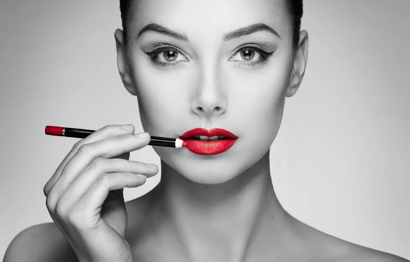 Photo wallpaper girl, face, style, portrait, makeup, pencils, lips, red lipstick