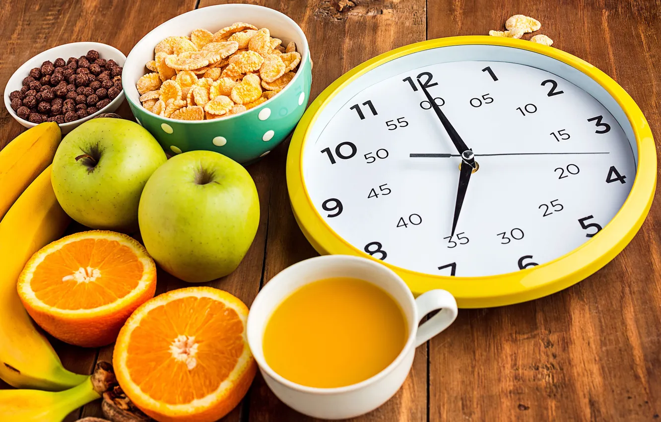 Photo wallpaper watch, juice, cereal, fruit, apples, bananas, orange