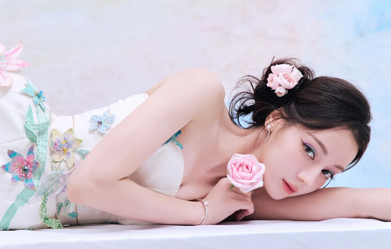 Photo wallpaper girl, dress, flowers, beautiful, model, asian, cute, dili reba