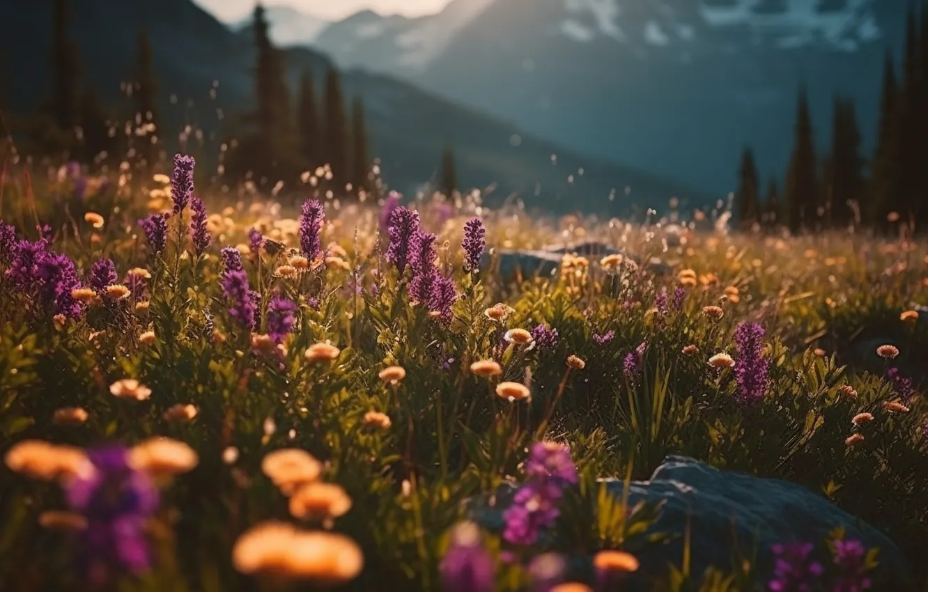 Photo wallpaper field, forest, summer, light, landscape, flowers, mountains, orange