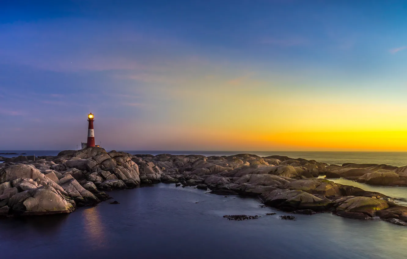 Photo wallpaper sea, the sky, light, sunset, reflection, lighthouse, pool, horizon