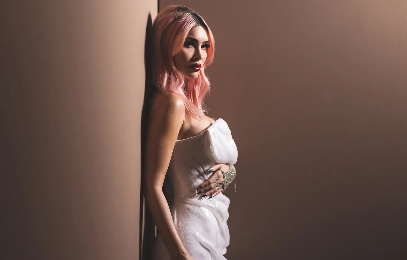 Photo wallpaper look, decoration, Megan Fox, pose, Megan Fox, wall, hand, portrait