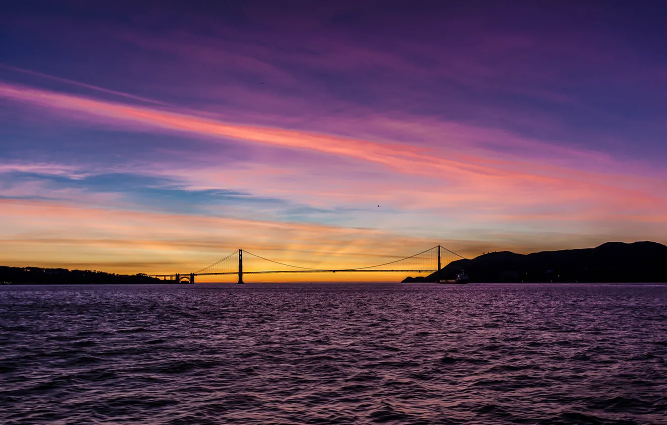 Photo wallpaper the sky, water, clouds, mountains, bridge, the ocean, bird, ship