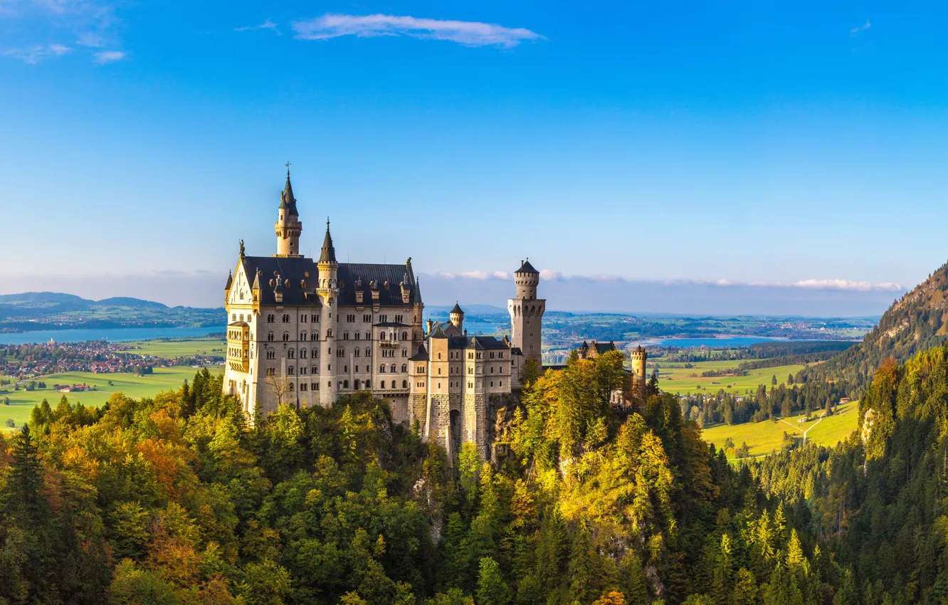 Photo wallpaper greens, field, the sky, the sun, clouds, trees, mountains, river