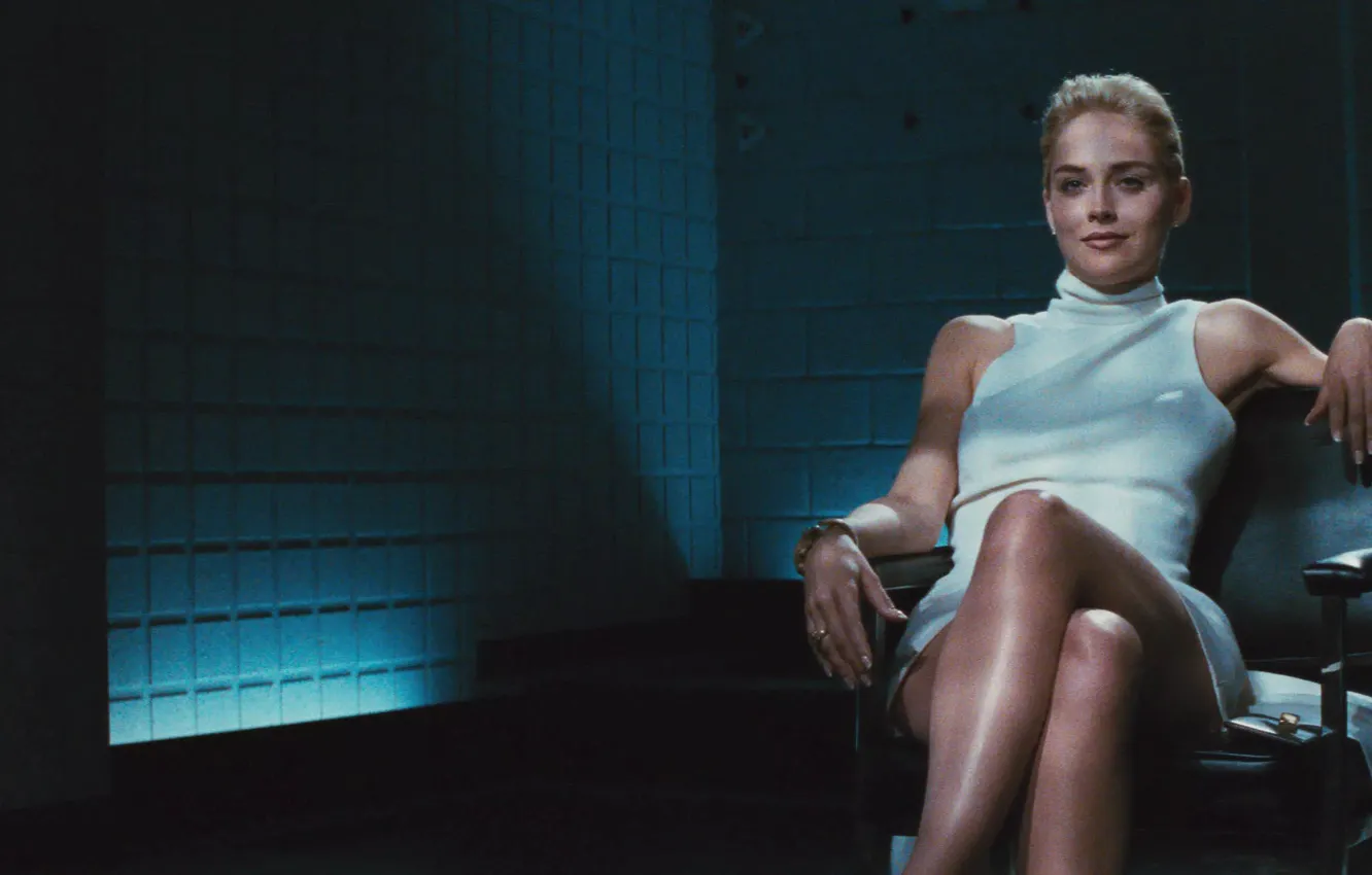 Photo wallpaper chair, blonde, legs, sitting, white dress, Basic Instinct, Sharon Vonne Stone, Sharon Vonn Stone