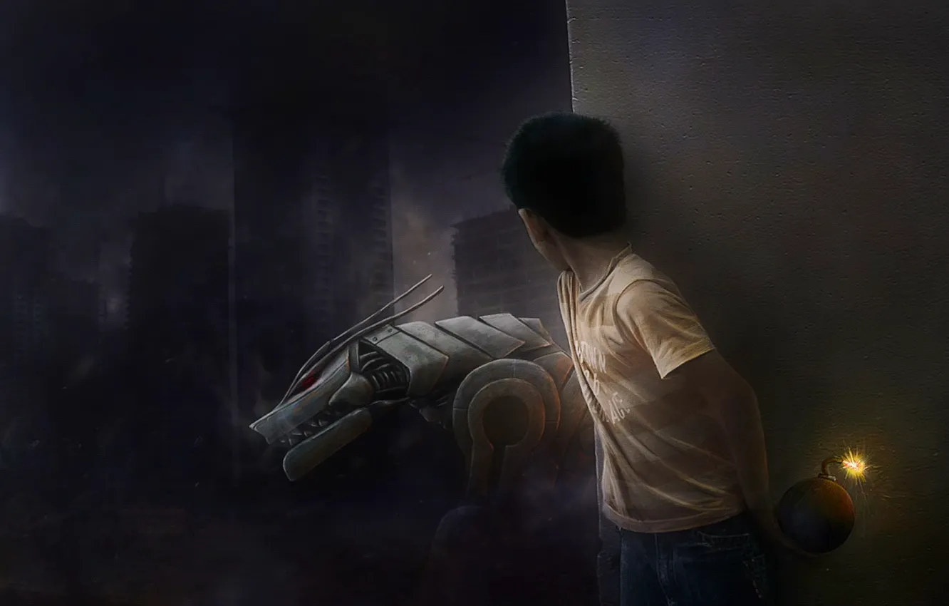 Photo wallpaper figure, robot, bomb, boy