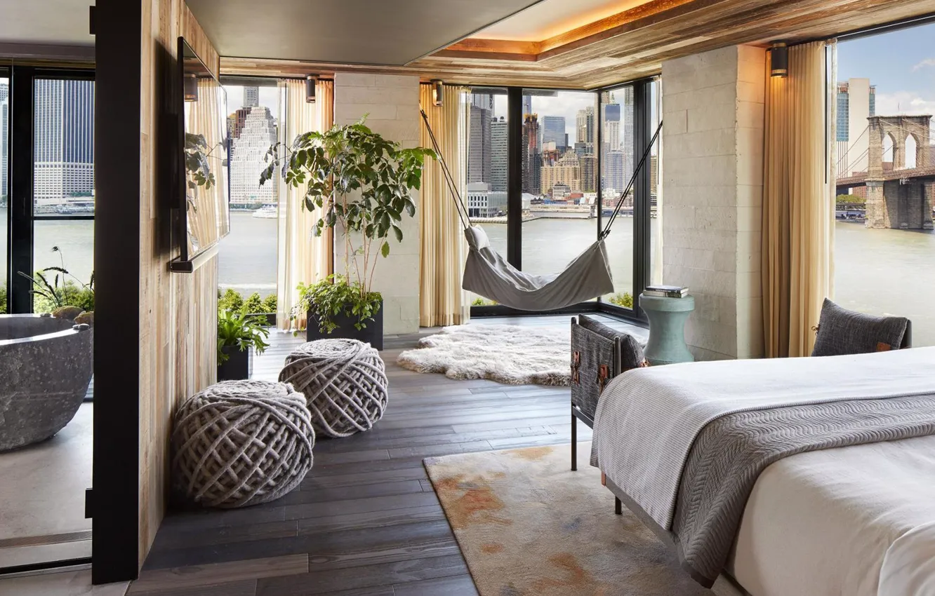 Photo wallpaper design, style, interior, Brooklyn bridge, New York, megapolis, Brooklyn Bridge, the master bedroom in the …