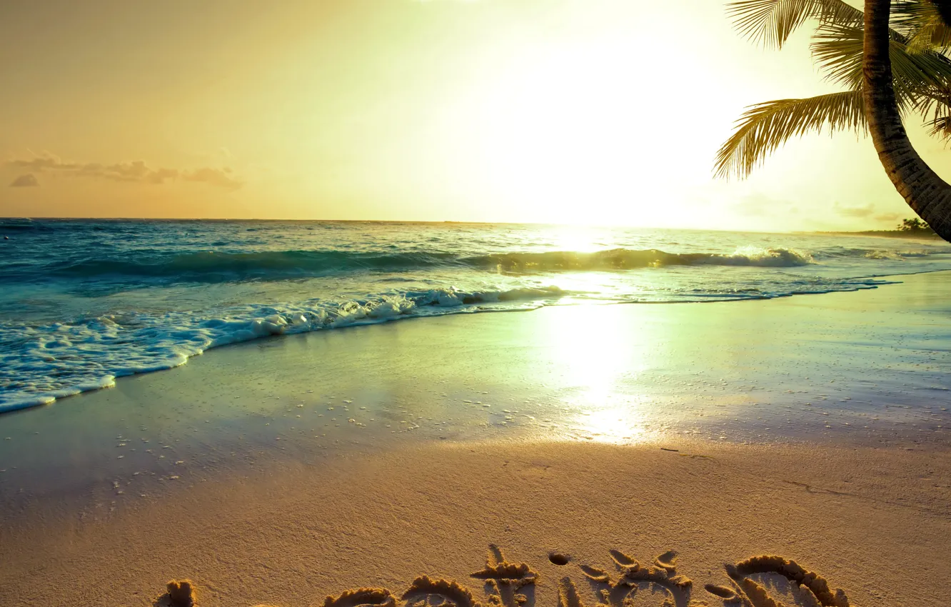 Photo wallpaper sand, sea, beach, the sun, sunset, tropics, the ocean, shore
