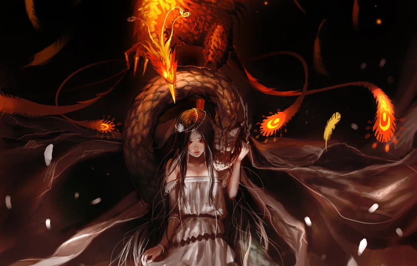 Photo wallpaper girl, snake, feathers, Phoenix, Basilisk