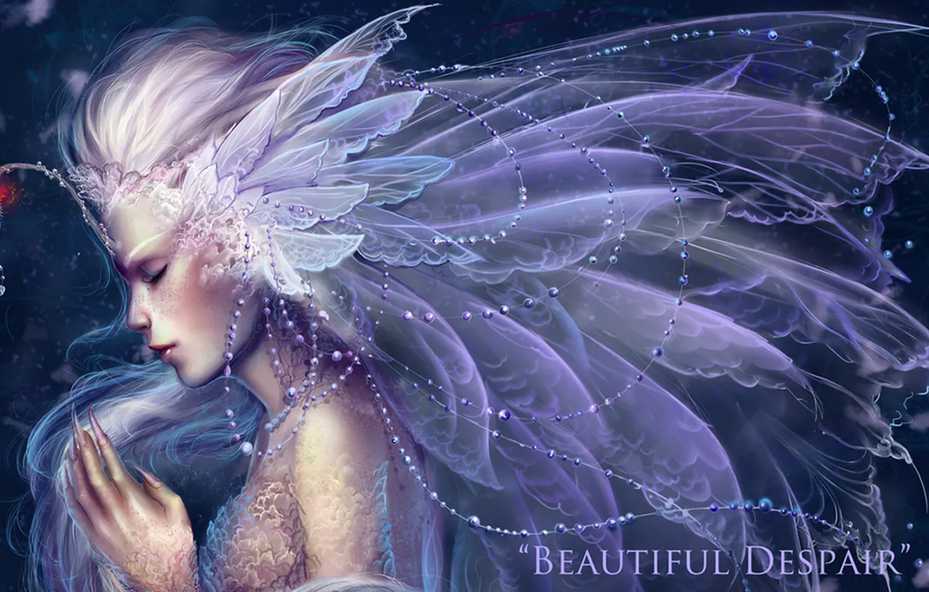 Photo wallpaper girl, stones, wings, feathers, claws, beads, beads