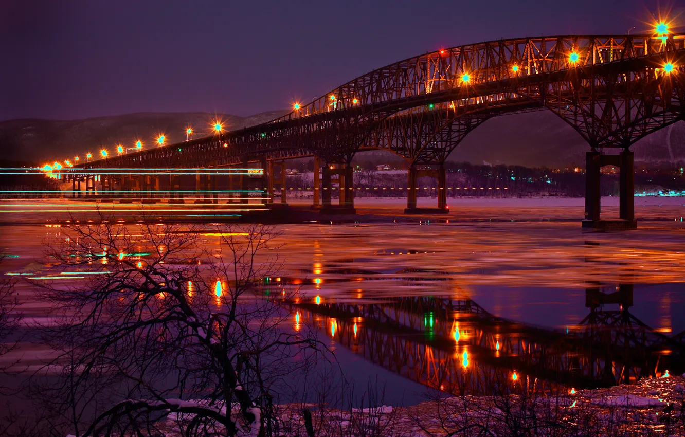 Photo wallpaper night, bridge, the city, lights, river