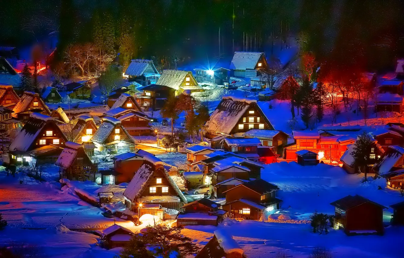 Photo wallpaper winter, snow, trees, night, lights, home, the village