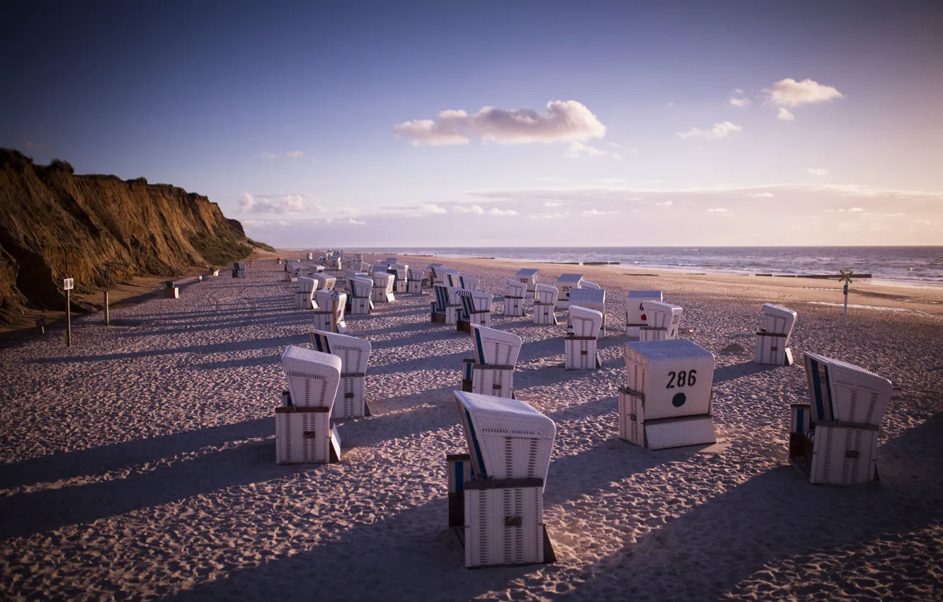 Photo wallpaper beach, sunset, chairs