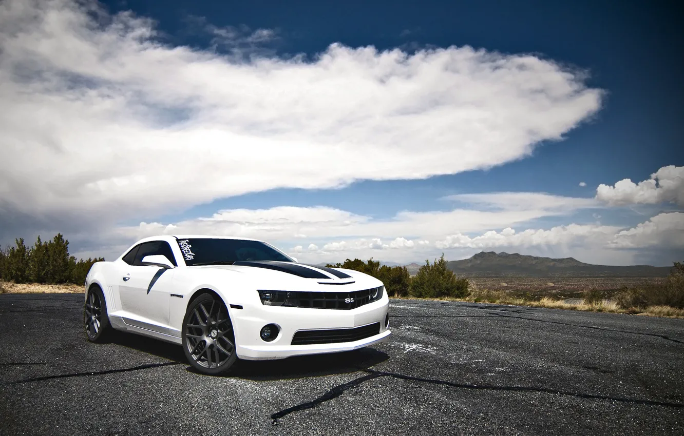 Photo wallpaper white, clouds, mountains, white, Chevrolet, chevrolet, camaro ss, Camaro