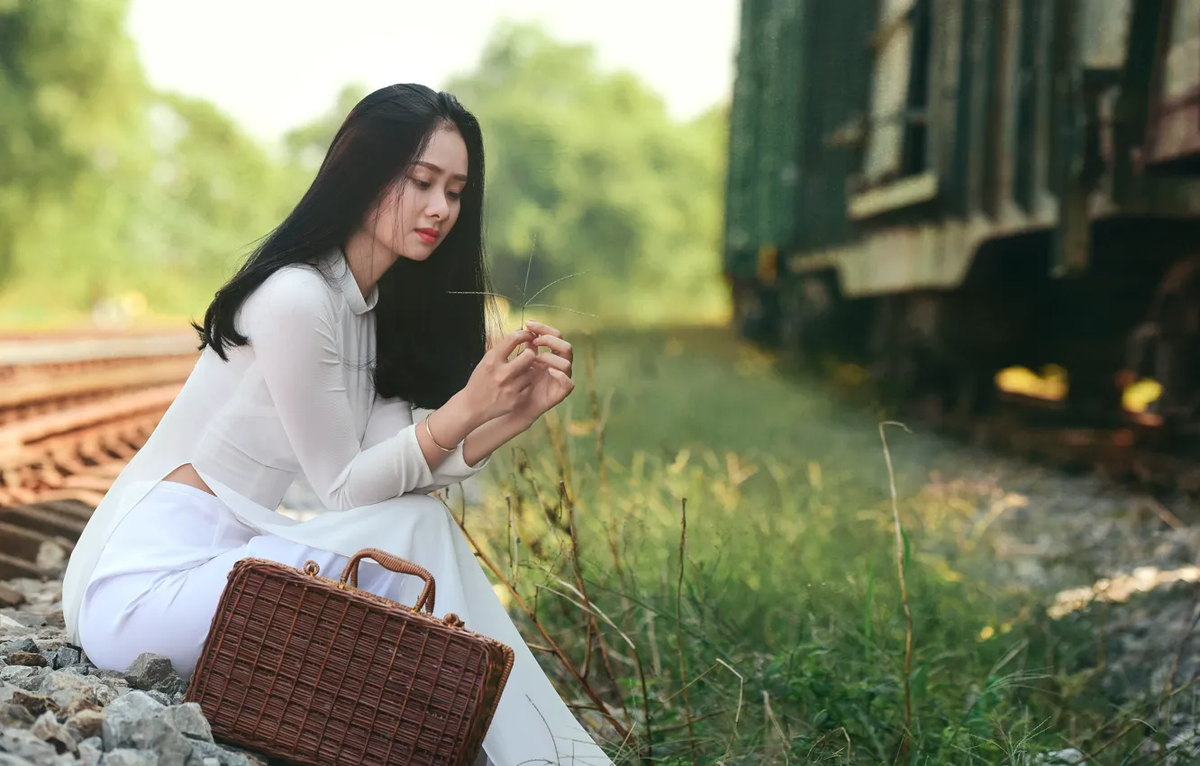 Photo wallpaper girl, background, Asian, sitting