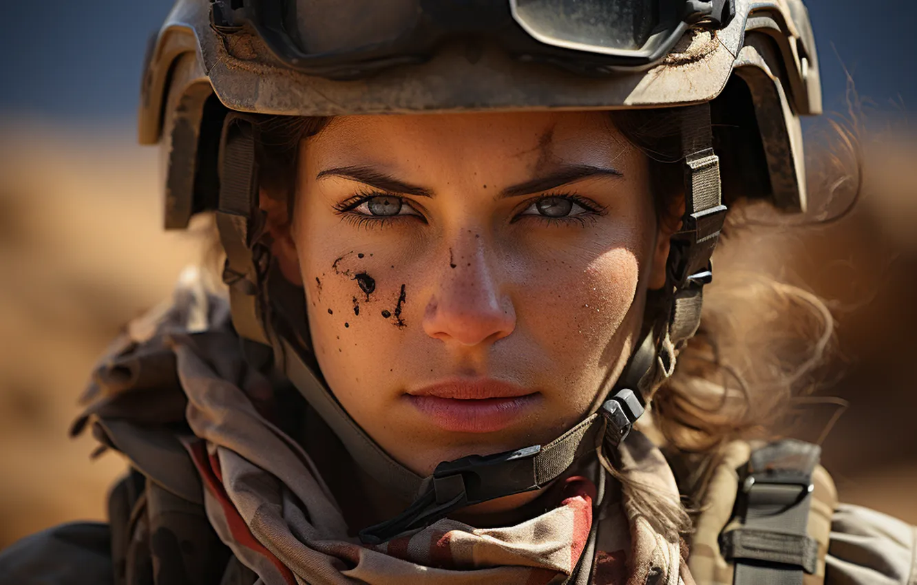 Photo wallpaper Girl, Look, Glasses, Soldiers, Digital art, Helmet, Closeup, AI art