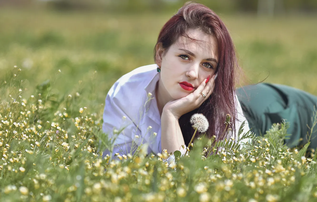 Photo wallpaper look, girl, flowers, nature, pose, glade, brown hair, red lipstick