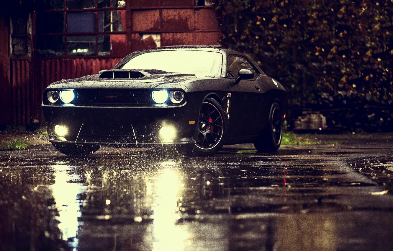 Photo wallpaper Muscle, Dodge, Challenger, Car, Front, Black, Rain, Tuning