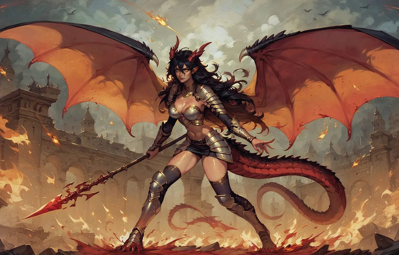 Photo wallpaper girl, lights, fire, flame, dragon, spear